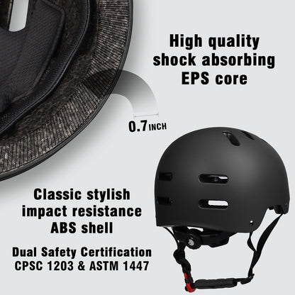 Skateboard Bike Helmet, 3 Sizes for Adult Youth Kids Women Men Boys Girls | Certified Multi-Sport Helmet for Scooter Skate Bicycle, Adjustable Lightweight Ventilated Helmet