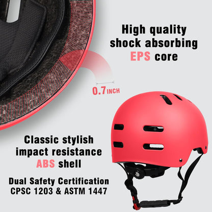 Skateboard Bike Helmet, 3 Sizes for Adult Youth Kids Women Men Boys Girls | Certified Multi-Sport Helmet for Scooter Skate Bicycle, Adjustable Lightweight Ventilated Helmet
