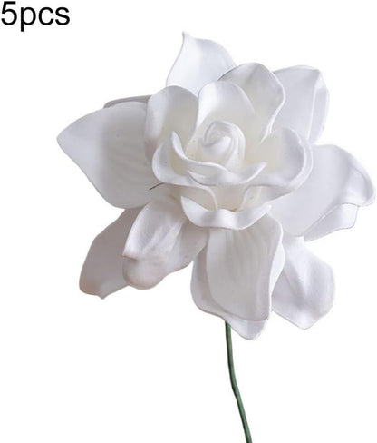 Artificial Gardenia Flowers 5pcs Realistic Vibrant Faux Flower Heads Made of EVA Material for Home Decor Wedding Centerpieces Party Arrangements Living Room Bedroom Table Decoration(White)
