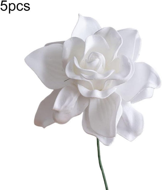 Artificial Gardenia Flowers 5pcs Realistic Vibrant Faux Flower Heads Made of EVA Material for Home Decor Wedding Centerpieces Party Arrangements Living Room Bedroom Table Decoration(White)