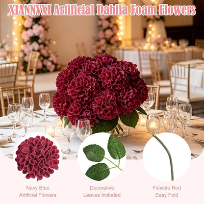 12PCS Cream White Artificial Dahlia Flowers Real Looking | White Foam Fake Flowers with Stems for DIY Wedding Bridal Shower Decorations Floral Arrangements Party Tables Home Decor