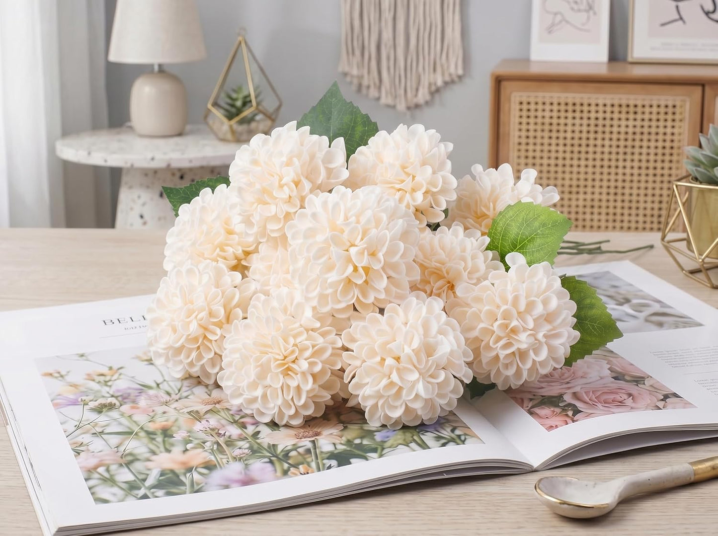 12PCS Cream White Artificial Dahlia Flowers Real Looking | White Foam Fake Flowers with Stems for DIY Wedding Bridal Shower Decorations Floral Arrangements Party Tables Home Decor