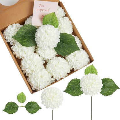 12PCS Cream White Artificial Dahlia Flowers Real Looking | White Foam Fake Flowers with Stems for DIY Wedding Bridal Shower Decorations Floral Arrangements Party Tables Home Decor
