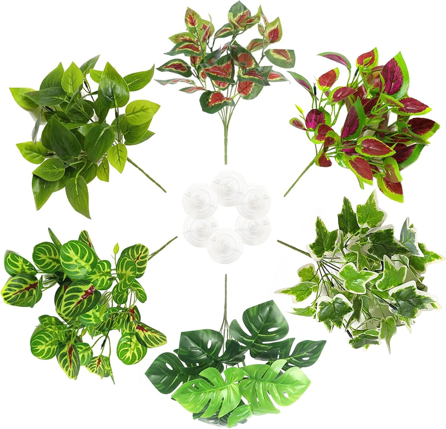 Reptile Terrarium Plants Hanging Artificial Lizards Habitat Climbing Decorations with Suction Cup Pets Tank Fake Green Plastic Ornament for Amphibians Bearded Dragons 6PCS…