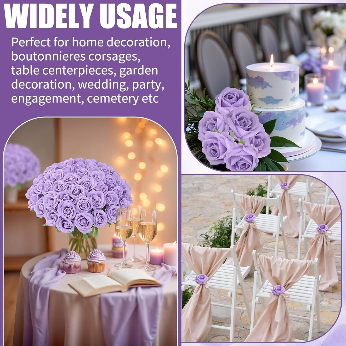 72 Pcs Artificial Roses Light Purple Fake Silk Roses Realistic Roses