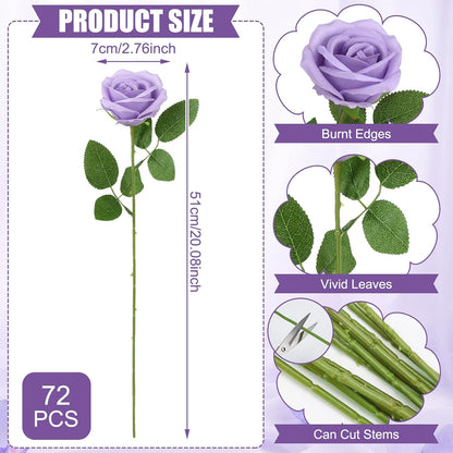 72 Pcs Artificial Roses Light Purple Fake Silk Roses Realistic Roses