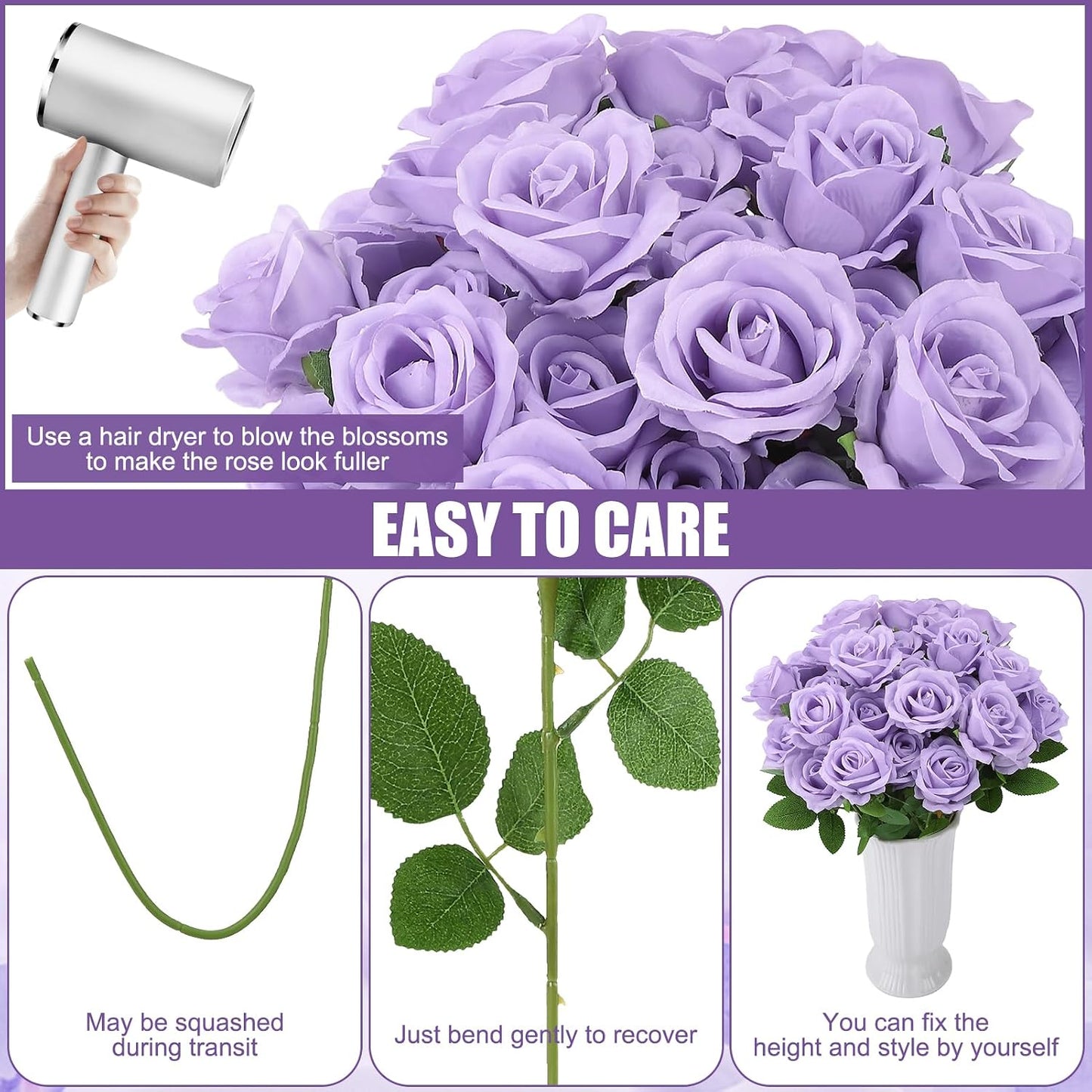 72 Pcs Artificial Roses Light Purple Fake Silk Roses Realistic Roses