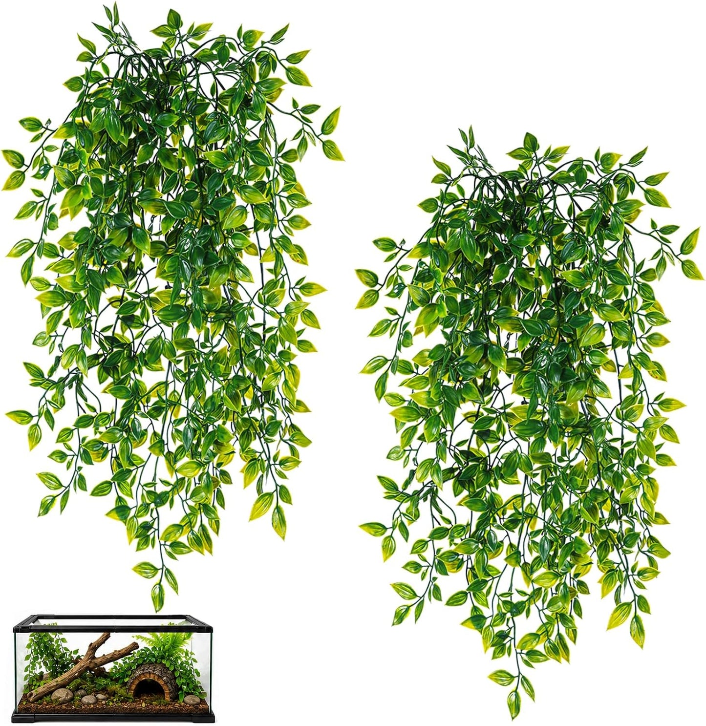 Reptile Plants, 2 Pieces Terrarium Snake Hanging Plants Vines Decor Artificial Leaves Tank Accessories for Bearded Dragon Crested Gecko Snake Chameleon