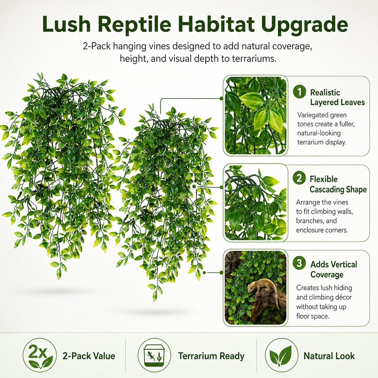 Reptile Plants, 2 Pieces Terrarium Snake Hanging Plants Vines Decor Artificial Leaves Tank Accessories for Bearded Dragon Crested Gecko Snake Chameleon