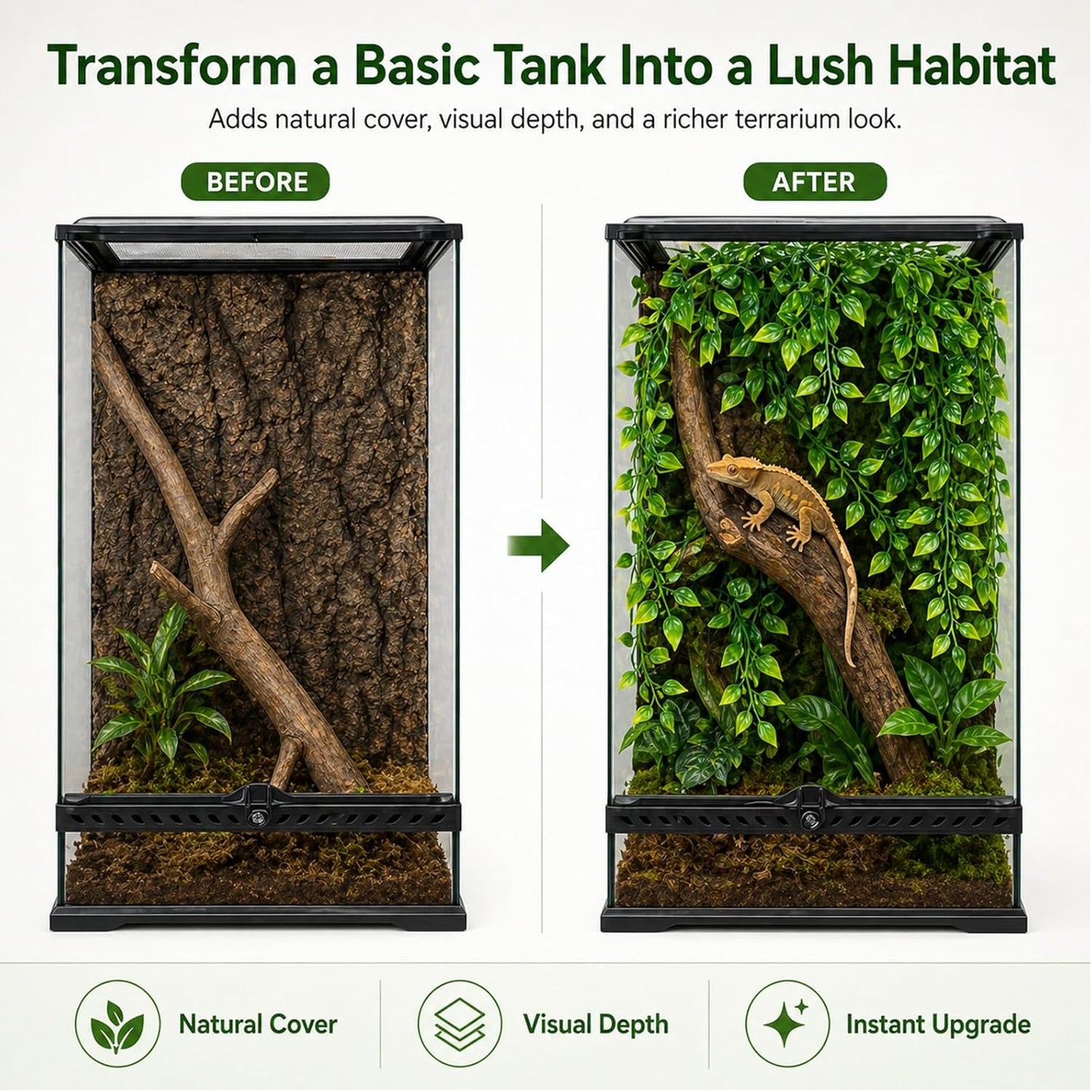 Reptile Plants, 2 Pieces Terrarium Snake Hanging Plants Vines Decor Artificial Leaves Tank Accessories for Bearded Dragon Crested Gecko Snake Chameleon