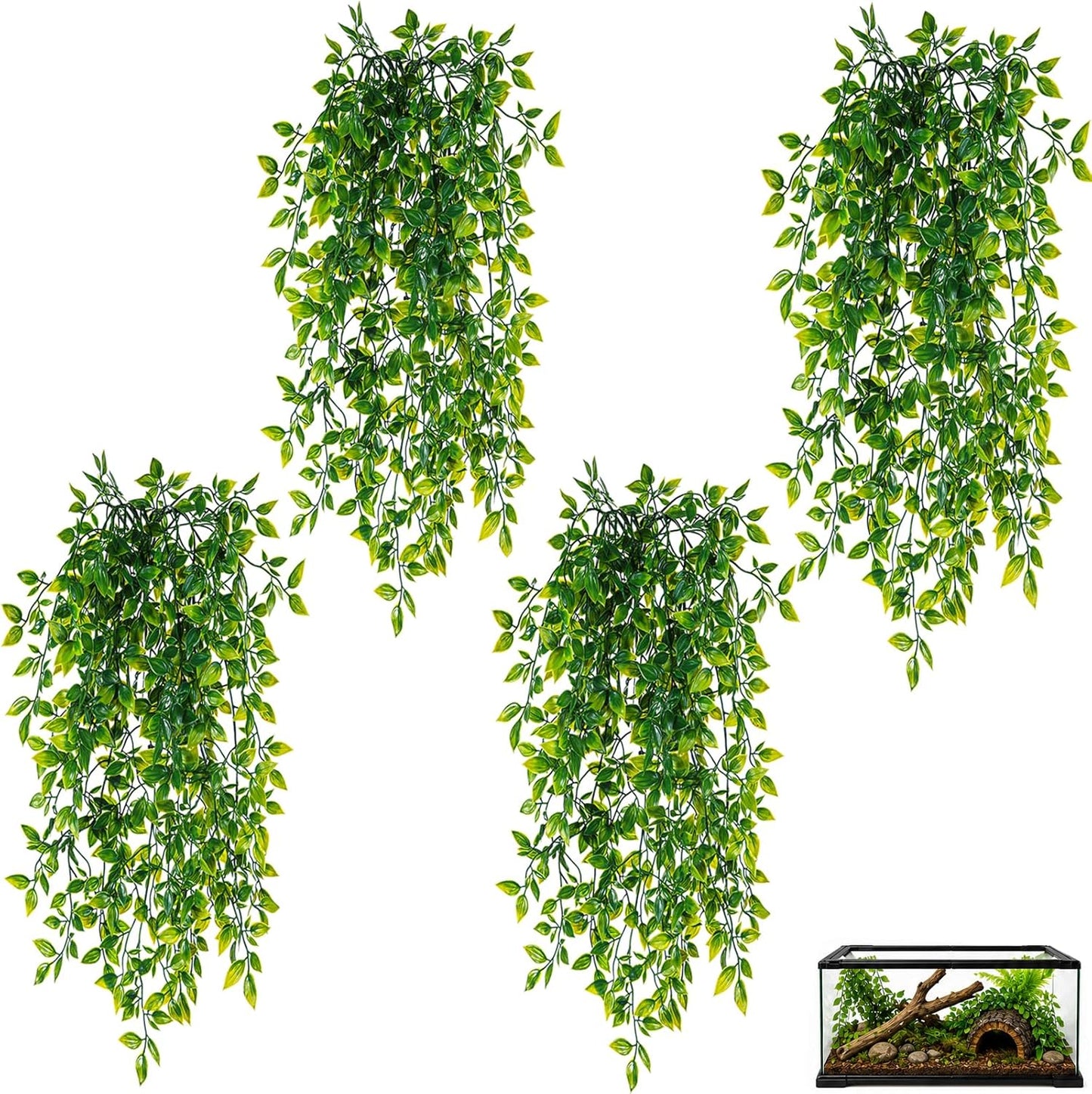 Reptile Plants, 2 Pieces Terrarium Snake Hanging Plants Vines Decor Artificial Leaves Tank Accessories for Bearded Dragon Crested Gecko Snake Chameleon
