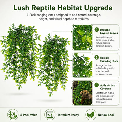 Reptile Plants, 2 Pieces Terrarium Snake Hanging Plants Vines Decor Artificial Leaves Tank Accessories for Bearded Dragon Crested Gecko Snake Chameleon