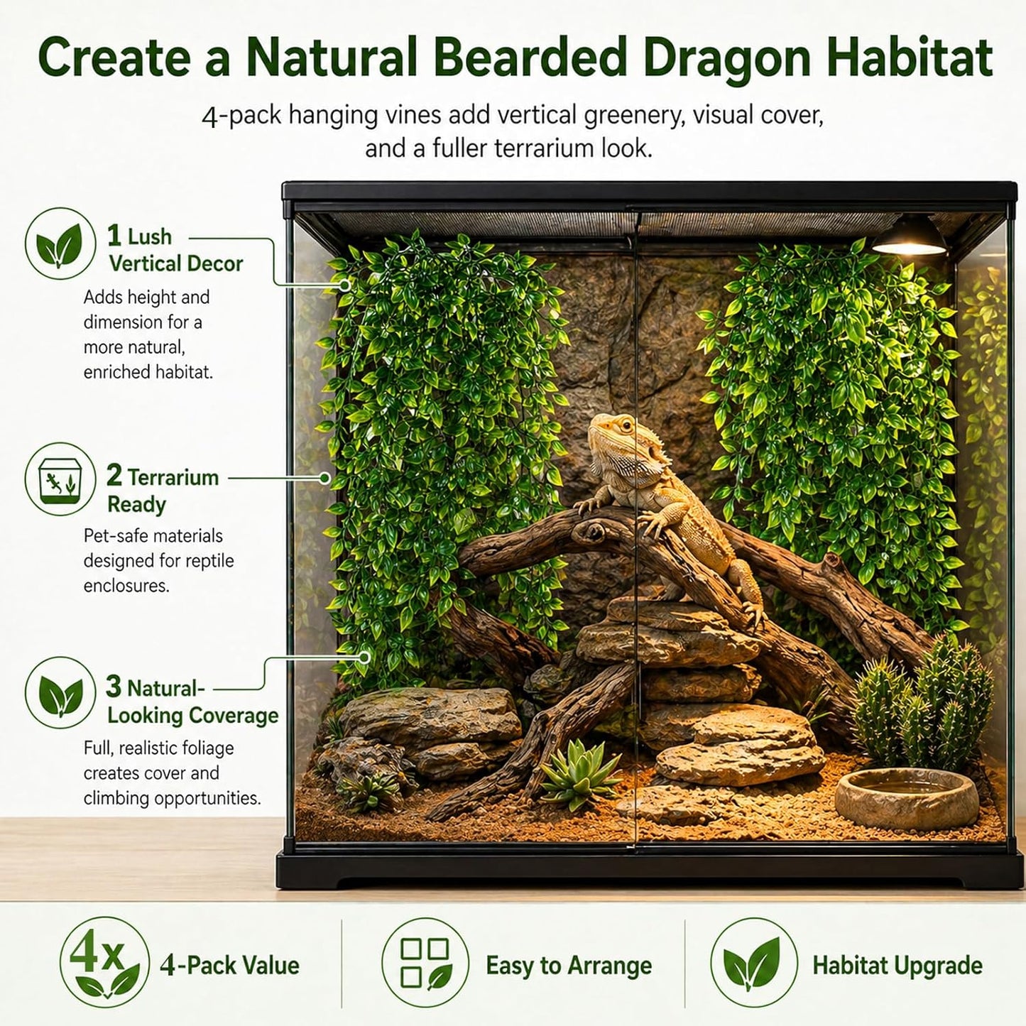 Reptile Plants, 2 Pieces Terrarium Snake Hanging Plants Vines Decor Artificial Leaves Tank Accessories for Bearded Dragon Crested Gecko Snake Chameleon