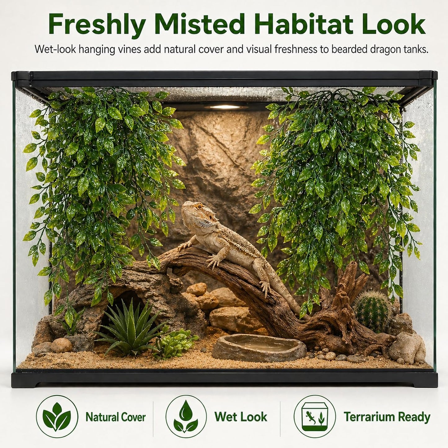 Reptile Plants, 2 Pieces Terrarium Snake Hanging Plants Vines Decor Artificial Leaves Tank Accessories for Bearded Dragon Crested Gecko Snake Chameleon