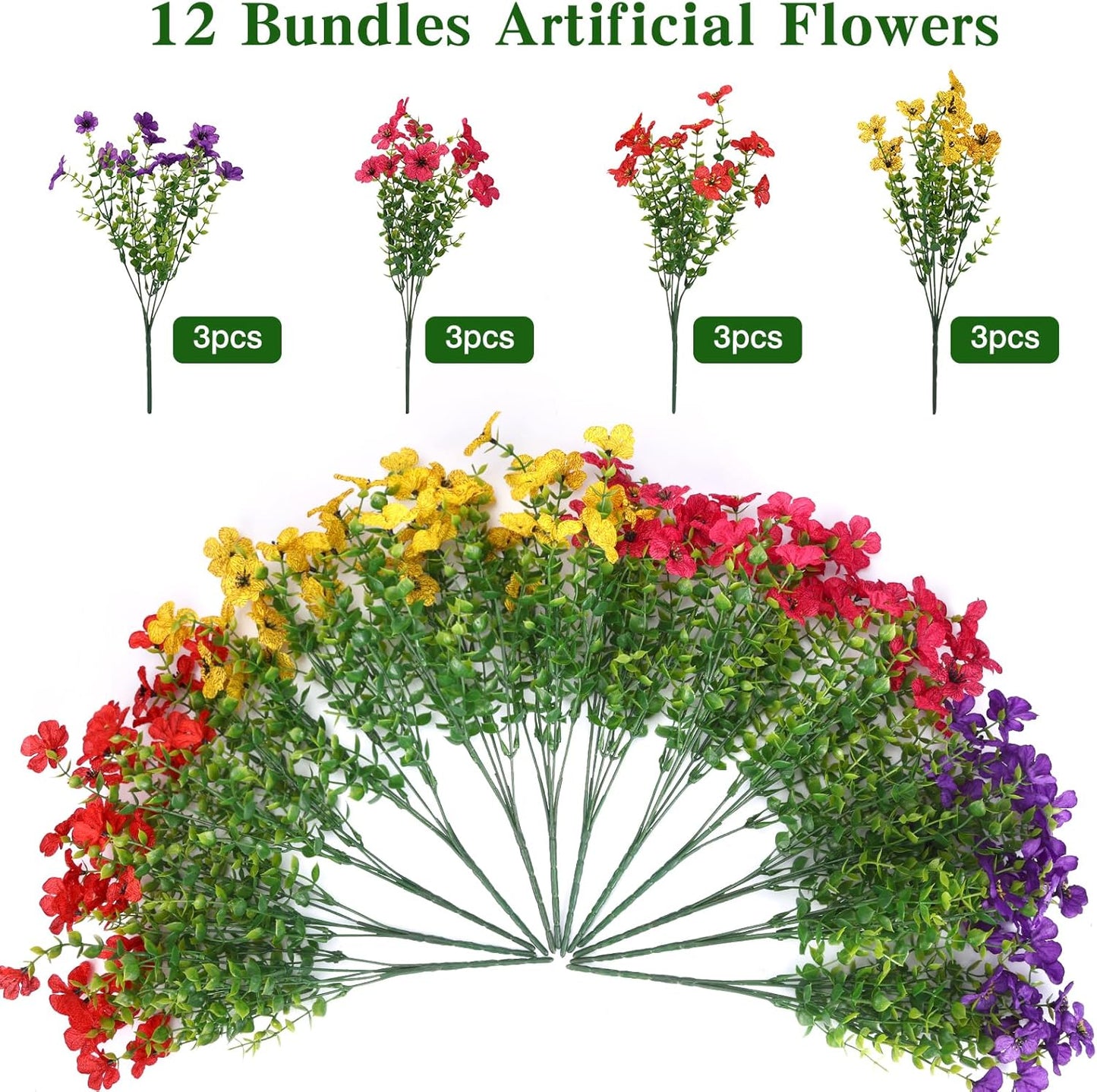 Artificial Plants Greenery Outdoor UV Resistant Faux Grass Shrubs Fake Rosemary for Wedding Decoration Farmhouse Garden Porch Window Patio Planter Indoor (12 Bundles)