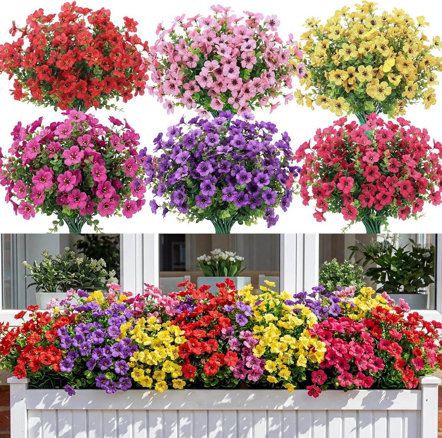 Artificial Plants Greenery Outdoor UV Resistant Faux Grass Shrubs Fake Rosemary for Wedding Decoration Farmhouse Garden Porch Window Patio Planter Indoor (12 Bundles)