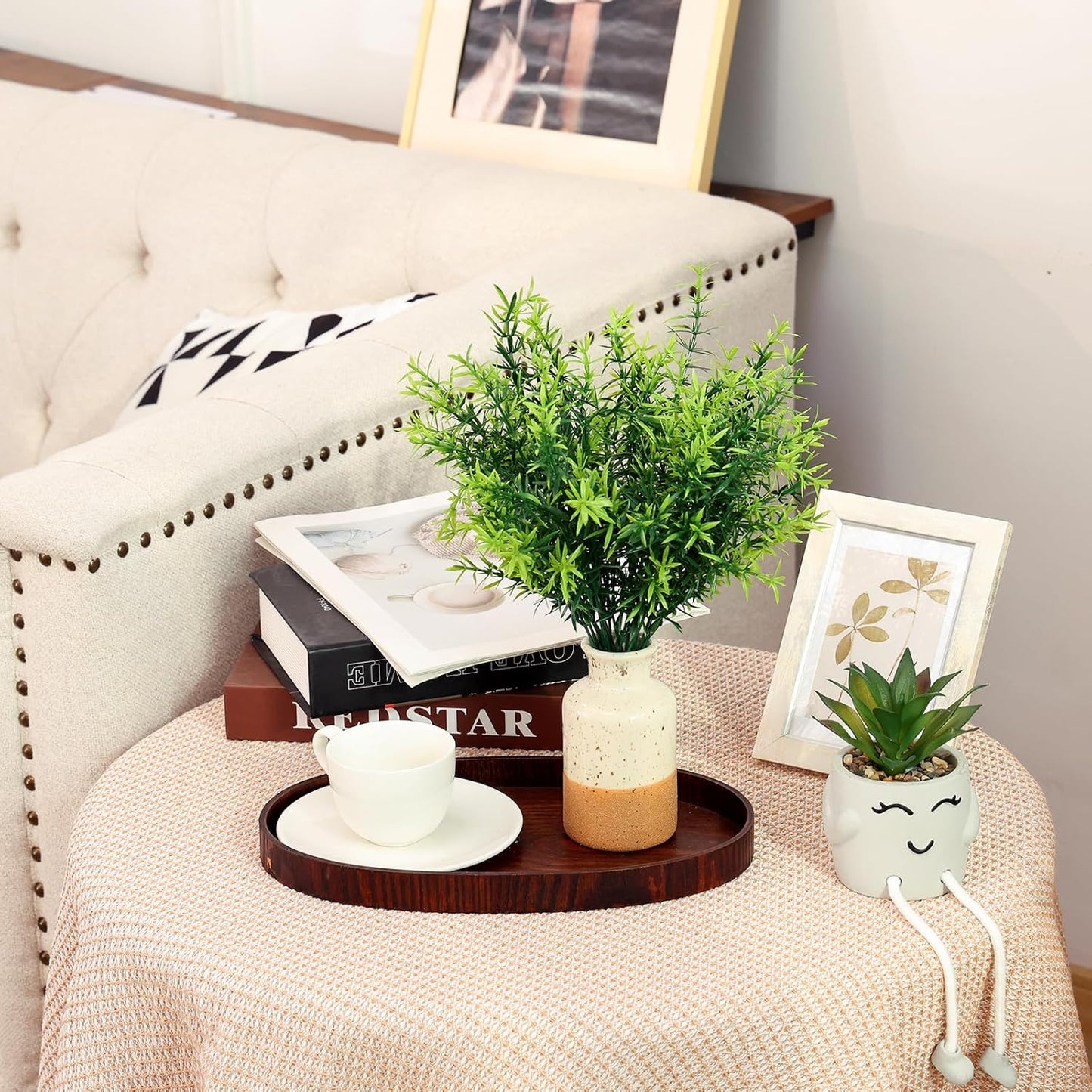 Artificial Plants Greenery Outdoor UV Resistant Faux Grass Shrubs Fake Rosemary for Wedding Decoration Farmhouse Garden Porch Window Patio Planter Indoor (12 Bundles)