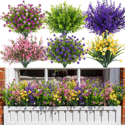 Artificial Plants Greenery Outdoor UV Resistant Faux Grass Shrubs Fake Rosemary for Wedding Decoration Farmhouse Garden Porch Window Patio Planter Indoor (12 Bundles)