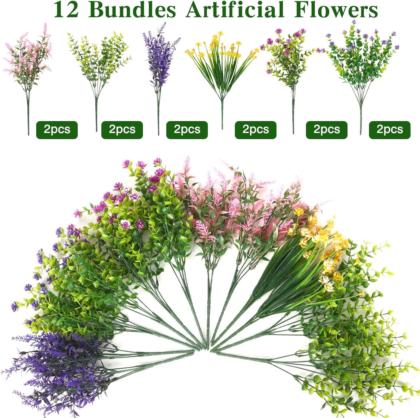 Artificial Plants Greenery Outdoor UV Resistant Faux Grass Shrubs Fake Rosemary for Wedding Decoration Farmhouse Garden Porch Window Patio Planter Indoor (12 Bundles)