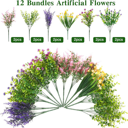 Artificial Plants Greenery Outdoor UV Resistant Faux Grass Shrubs Fake Rosemary for Wedding Decoration Farmhouse Garden Porch Window Patio Planter Indoor (12 Bundles)