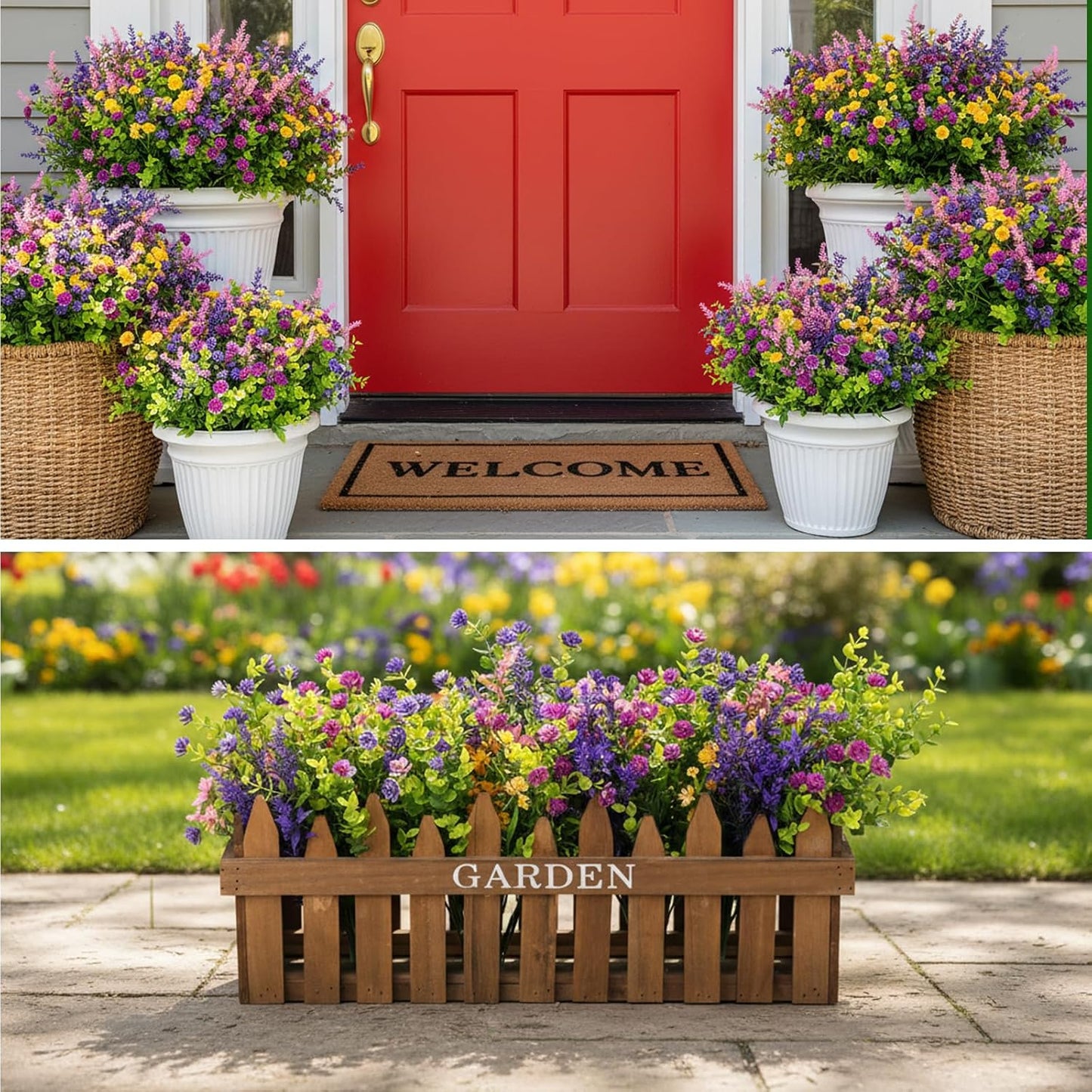 Artificial Plants Greenery Outdoor UV Resistant Faux Grass Shrubs Fake Rosemary for Wedding Decoration Farmhouse Garden Porch Window Patio Planter Indoor (12 Bundles)