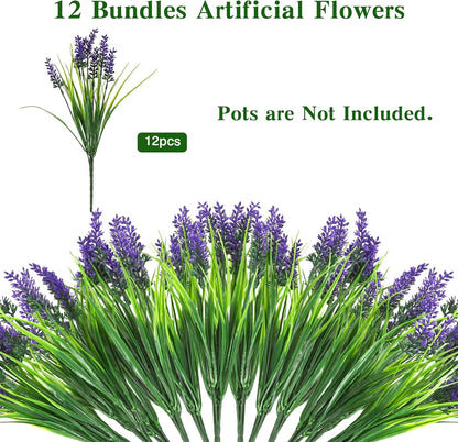 Artificial Plants Greenery Outdoor UV Resistant Faux Grass Shrubs Fake Rosemary for Wedding Decoration Farmhouse Garden Porch Window Patio Planter Indoor (12 Bundles)