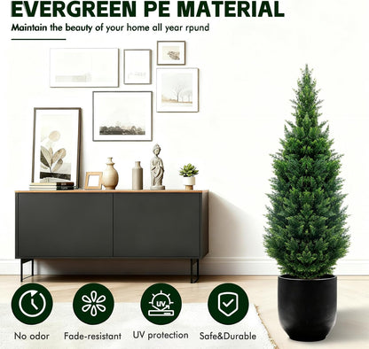 4Ft Artificial Cedar Topiary Trees (2-Pack) - UV Resistant Fake Shrubs with Ground Spike for Outdoor & Indoor Use, Front Porch, Garden Decor