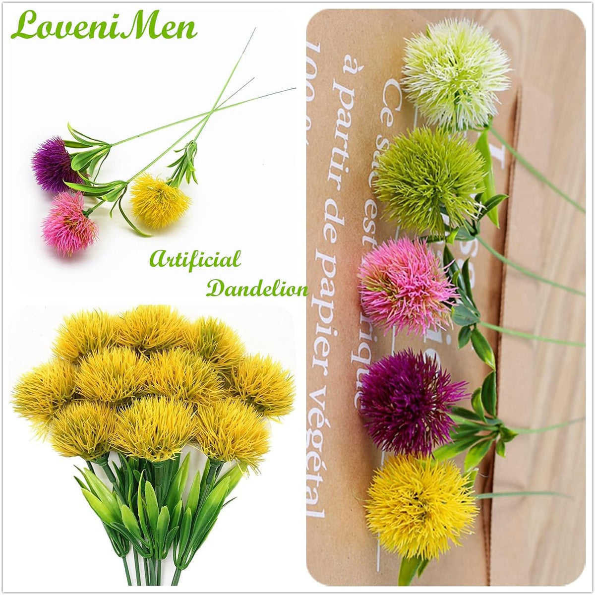 Fake Dandelion Flowers (White), Artificial Plants Plastic Shrubs Bushes Decor Faux Stems Outdoor Indoor Home Garden Party Wedding DIY Planting Filler Decoration