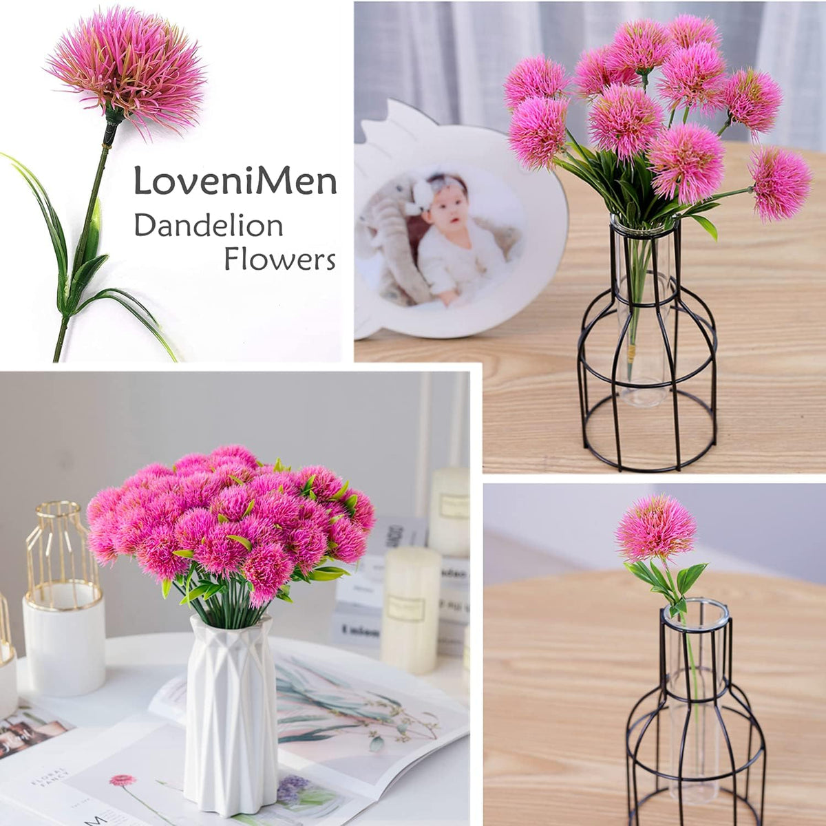 Fake Dandelion Flowers (White), Artificial Plants Plastic Shrubs Bushes Decor Faux Stems Outdoor Indoor Home Garden Party Wedding DIY Planting Filler Decoration