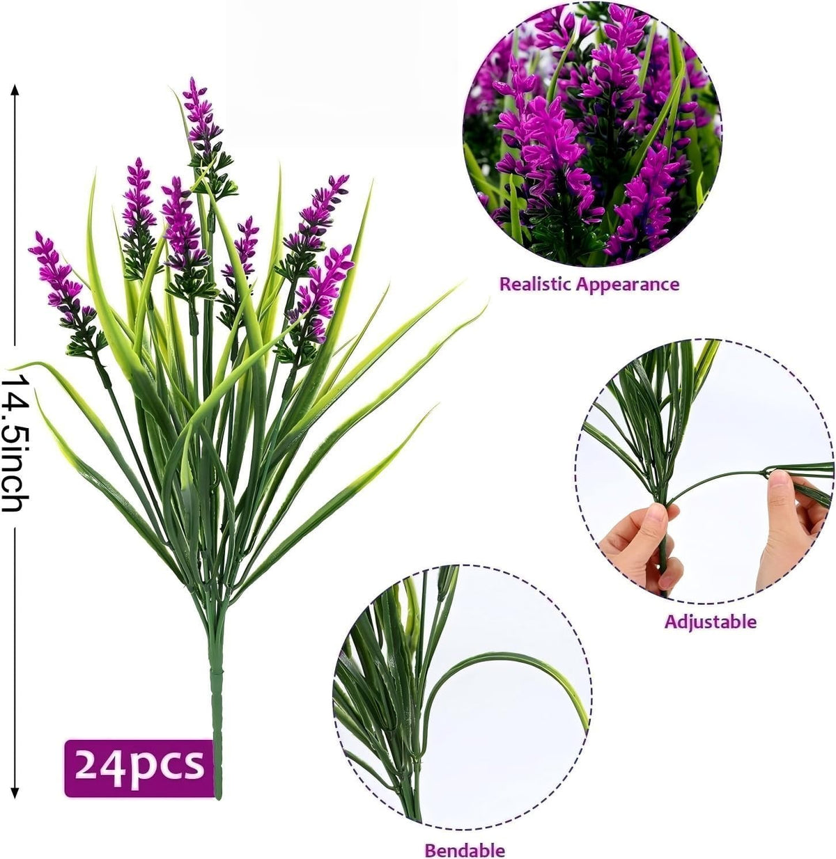 Geegoods 24 Bundles Purple Artificial Plants Flowers Outdoor, UV Resistant