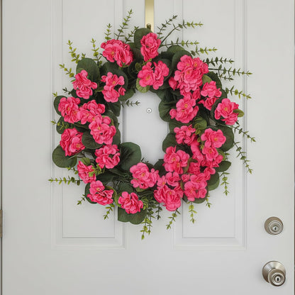 Rose Red Artificial Geranium Wreath, 22 Inch Spring Summer Wreaths for Front Door with Blessed Hanging Sign, for Rustic Farmhouse Entryway Porch Balcony Decor