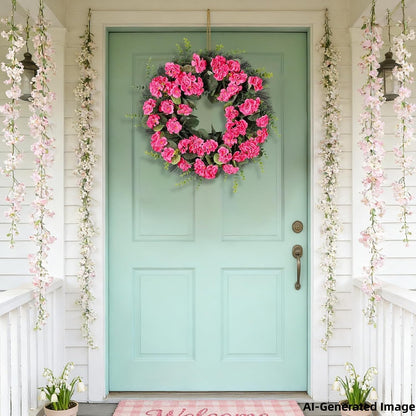Rose Red Artificial Geranium Wreath, 22 Inch Spring Summer Wreaths for Front Door with Blessed Hanging Sign, for Rustic Farmhouse Entryway Porch Balcony Decor