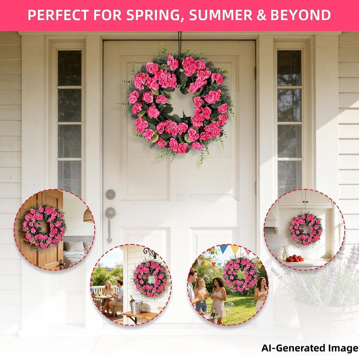 Rose Red Artificial Geranium Wreath, 22 Inch Spring Summer Wreaths for Front Door with Blessed Hanging Sign, for Rustic Farmhouse Entryway Porch Balcony Decor