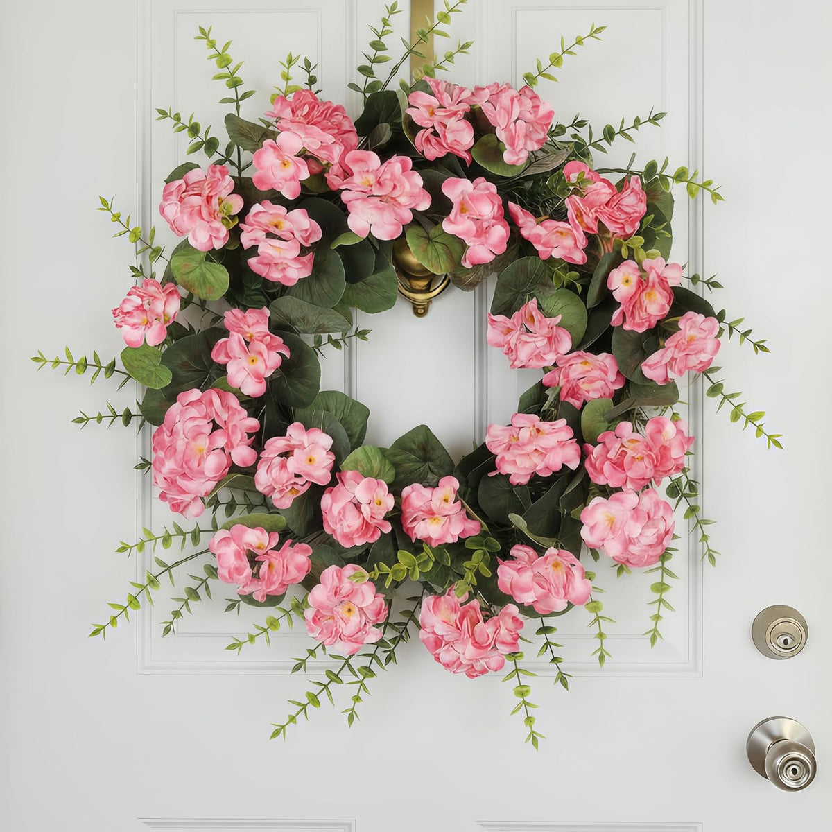 Rose Red Artificial Geranium Wreath, 22 Inch Spring Summer Wreaths for Front Door with Blessed Hanging Sign, for Rustic Farmhouse Entryway Porch Balcony Decor