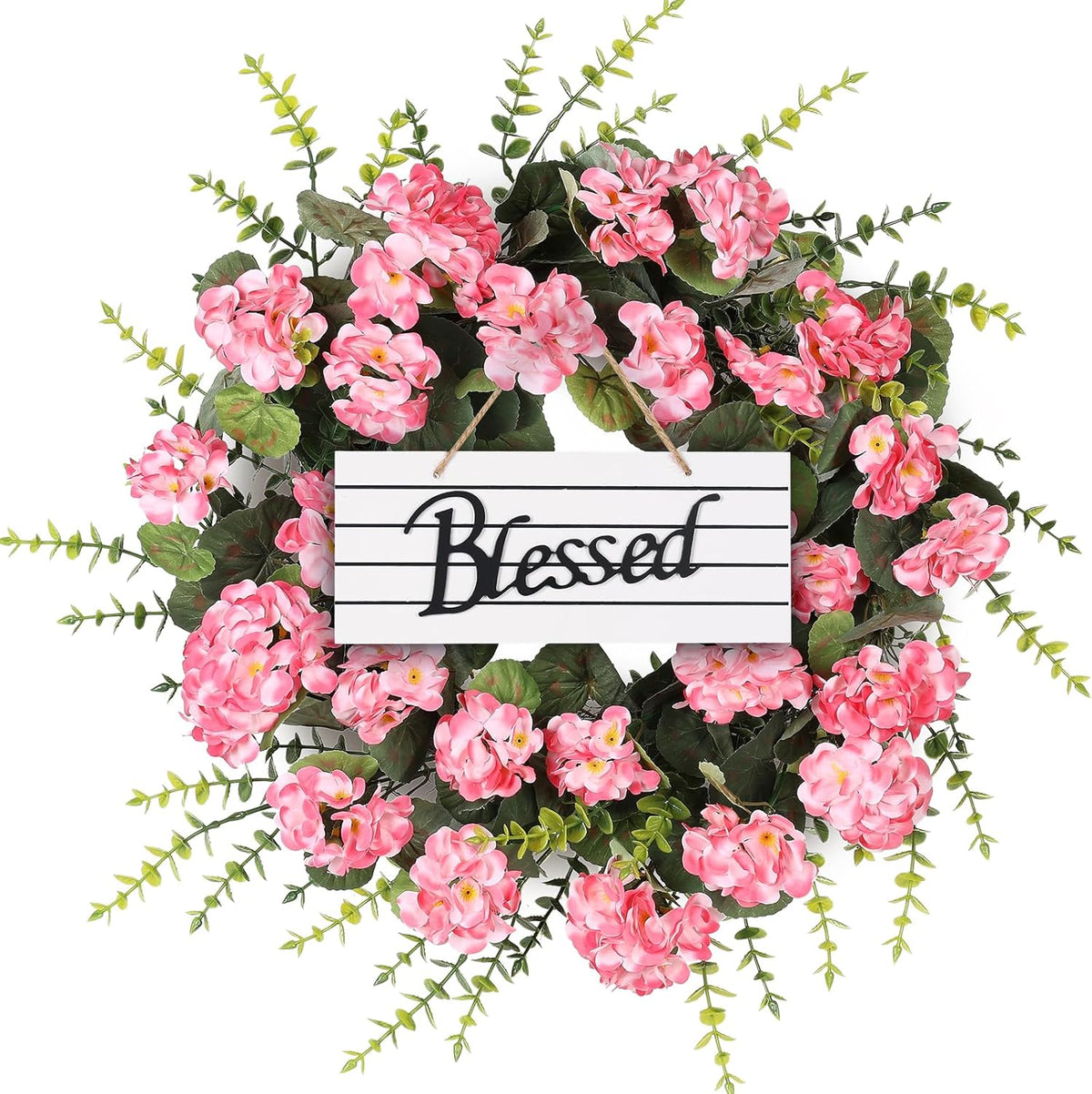 Rose Red Artificial Geranium Wreath, 22 Inch Spring Summer Wreaths for Front Door with Blessed Hanging Sign, for Rustic Farmhouse Entryway Porch Balcony Decor