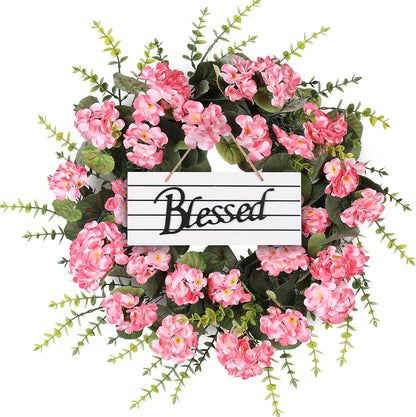 Rose Red Artificial Geranium Wreath, 22 Inch Spring Summer Wreaths for Front Door with Blessed Hanging Sign, for Rustic Farmhouse Entryway Porch Balcony Decor