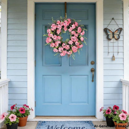 Rose Red Artificial Geranium Wreath, 22 Inch Spring Summer Wreaths for Front Door with Blessed Hanging Sign, for Rustic Farmhouse Entryway Porch Balcony Decor