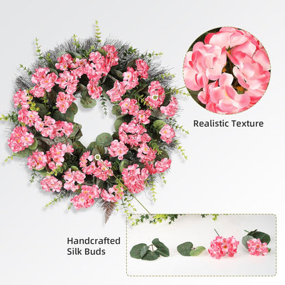 Rose Red Artificial Geranium Wreath, 22 Inch Spring Summer Wreaths for Front Door with Blessed Hanging Sign, for Rustic Farmhouse Entryway Porch Balcony Decor
