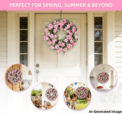 Rose Red Artificial Geranium Wreath, 22 Inch Spring Summer Wreaths for Front Door with Blessed Hanging Sign, for Rustic Farmhouse Entryway Porch Balcony Decor