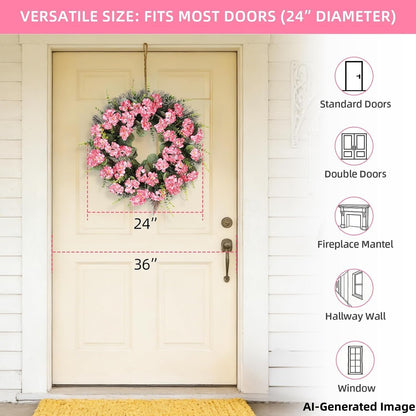 Rose Red Artificial Geranium Wreath, 22 Inch Spring Summer Wreaths for Front Door with Blessed Hanging Sign, for Rustic Farmhouse Entryway Porch Balcony Decor