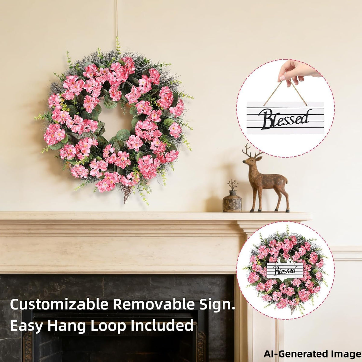 Rose Red Artificial Geranium Wreath, 22 Inch Spring Summer Wreaths for Front Door with Blessed Hanging Sign, for Rustic Farmhouse Entryway Porch Balcony Decor