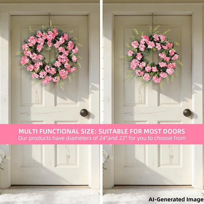 Rose Red Artificial Geranium Wreath, 22 Inch Spring Summer Wreaths for Front Door with Blessed Hanging Sign, for Rustic Farmhouse Entryway Porch Balcony Decor