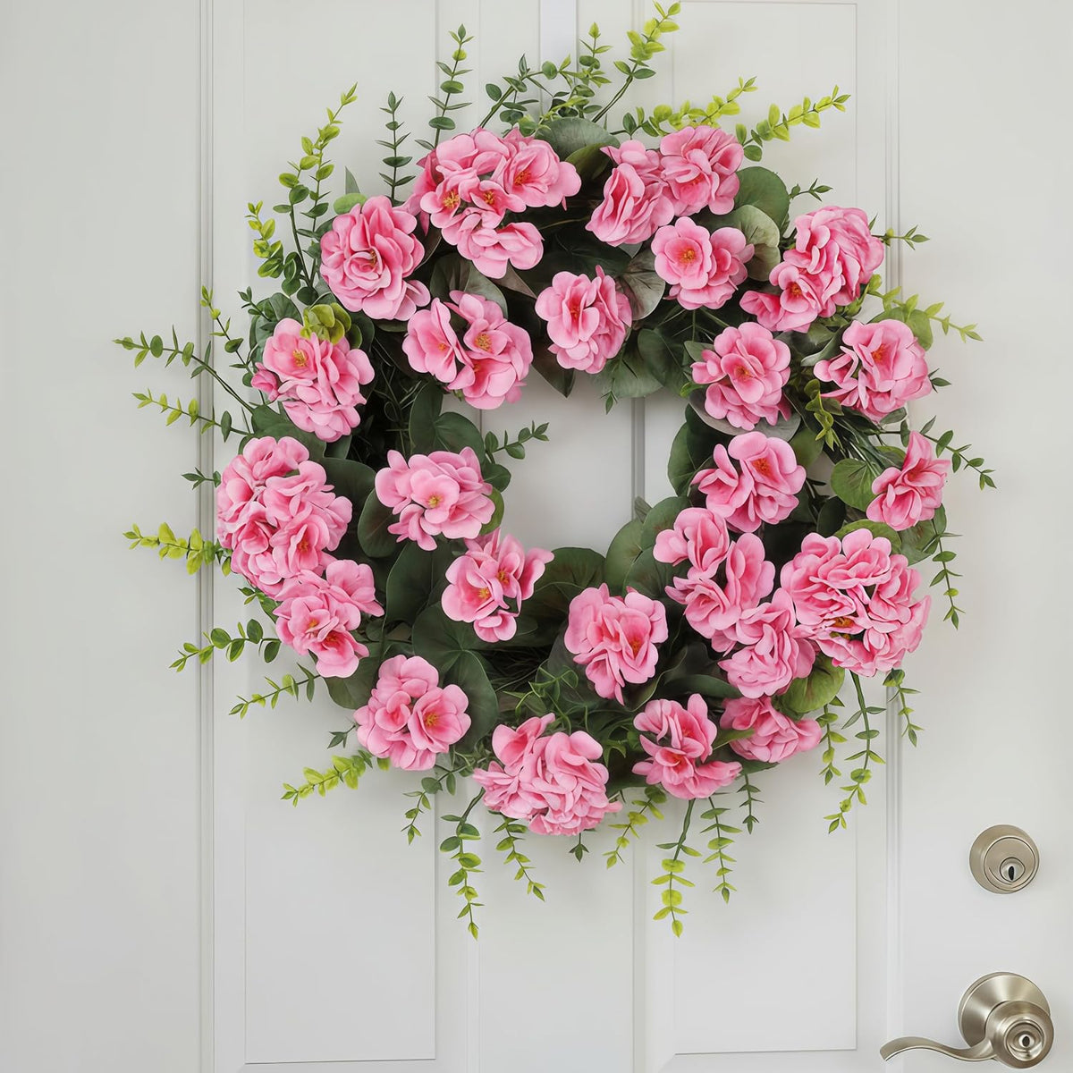 Rose Red Artificial Geranium Wreath, 22 Inch Spring Summer Wreaths for Front Door with Blessed Hanging Sign, for Rustic Farmhouse Entryway Porch Balcony Decor