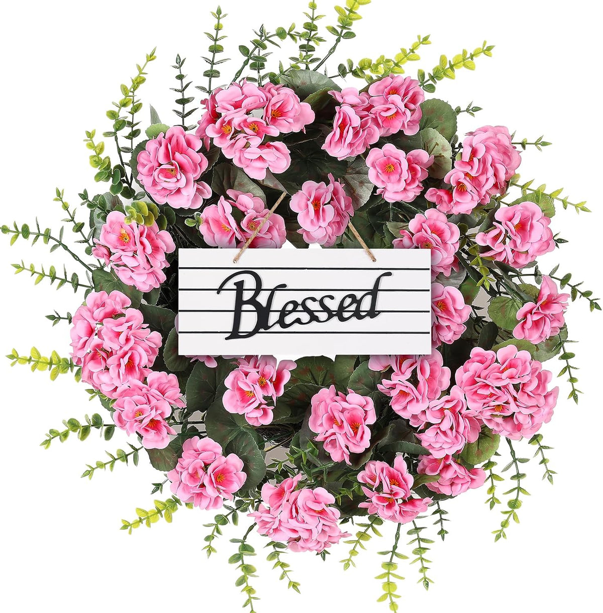 Rose Red Artificial Geranium Wreath, 22 Inch Spring Summer Wreaths for Front Door with Blessed Hanging Sign, for Rustic Farmhouse Entryway Porch Balcony Decor