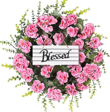 Rose Red Artificial Geranium Wreath, 22 Inch Spring Summer Wreaths for Front Door with Blessed Hanging Sign, for Rustic Farmhouse Entryway Porch Balcony Decor