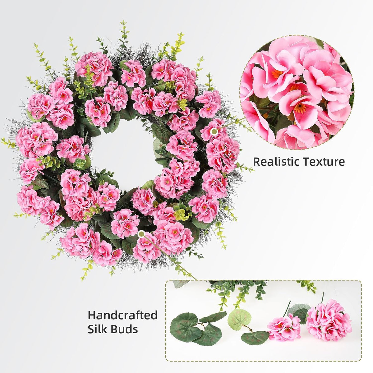 Rose Red Artificial Geranium Wreath, 22 Inch Spring Summer Wreaths for Front Door with Blessed Hanging Sign, for Rustic Farmhouse Entryway Porch Balcony Decor