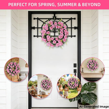 Rose Red Artificial Geranium Wreath, 22 Inch Spring Summer Wreaths for Front Door with Blessed Hanging Sign, for Rustic Farmhouse Entryway Porch Balcony Decor