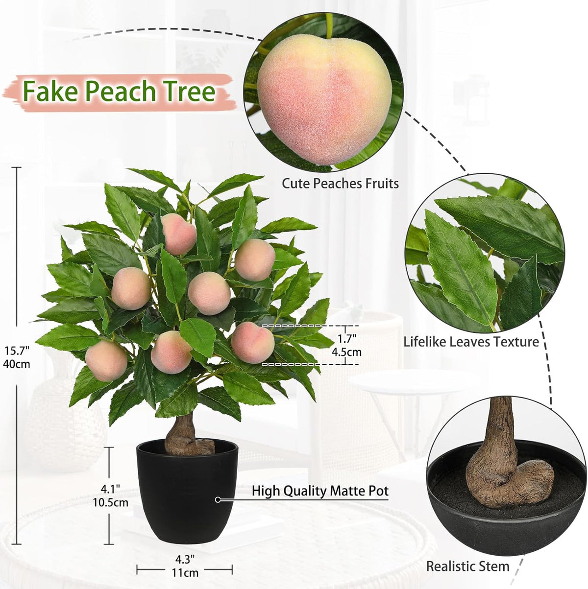 Artificial Fruit Tree Potted Plants - Fake Peach Tree Artificial Fruit Plant 15.7" with Black Pot Faux Plants Bonsai Indoor Decor for Home Office Living Room Table Desk Scenery Arrangement