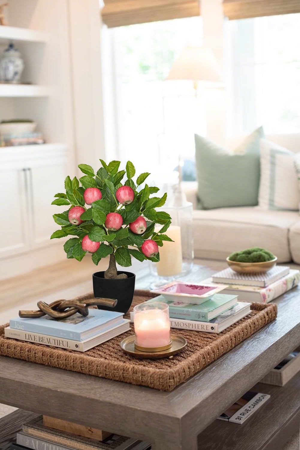 Artificial Fruit Tree Potted Plants - Fake Peach Tree Artificial Fruit Plant 15.7" with Black Pot Faux Plants Bonsai Indoor Decor for Home Office Living Room Table Desk Scenery Arrangement