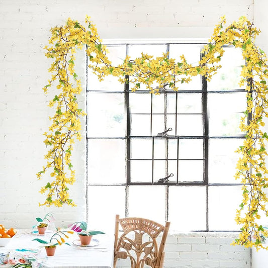 Yellow Artificial Flowers 23.6in Silk Forsythia Stems | 16 Stems Yellow Faux Flowers, Silk Forsythia Branches, Realistic Look, Flexible Stems, Vase Arrangements, Home Decor